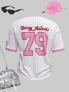 Strawberry Shortcake X SHEIN Áo thun ngắn tay cổ chữ V in chữ và dâu tây dành cho bé gái tuổi teen - Hồng - Xem 2