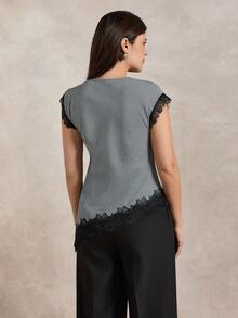 Briarwyn 2026新款女士优雅千鸟格撞色蕾丝边不对称下摆上衣，夏季、假日、春季女装，适合海滩度假、外出穿着，奢华上衣，西式风格 - 彩色 - 查看 8