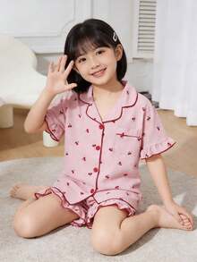 Genkimix Kids 少女睡衣套装，舒适时尚樱桃印花荷叶边优雅短袖短裤两件套睡衣 - 彩色 - 查看 7