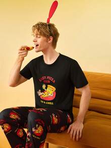 Conjunto de pijama de camiseta de cuello redondo de manga corta y pantalones con estampado de hamburguesa y papas fritas para hombre - Multicolor - Ver 5