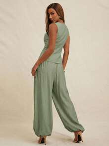 NYA SZN 女士套装（上衣+裤子）上衣背心深V领纽扣修身长裤高腰飘逸褶皱裤适合办公室、商务休闲、日常休闲、早午餐、端庄教堂、秋冬季通勤穿着 - 軍綠色 - 查看 2