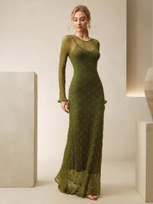 Anewsta 女士优雅高弹蕾丝吊带连衣裙 - 綠色 - 查看 4