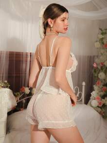 Swiss Dot Frill Trim Cami Top & Shorts PJ Set - White - View 2