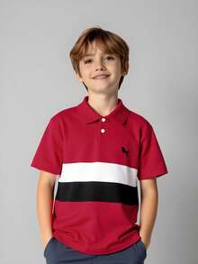 SHEIN Vacaura Tween Boy Striped Short Sleeve Casual Polo Shirt - Red - View 1