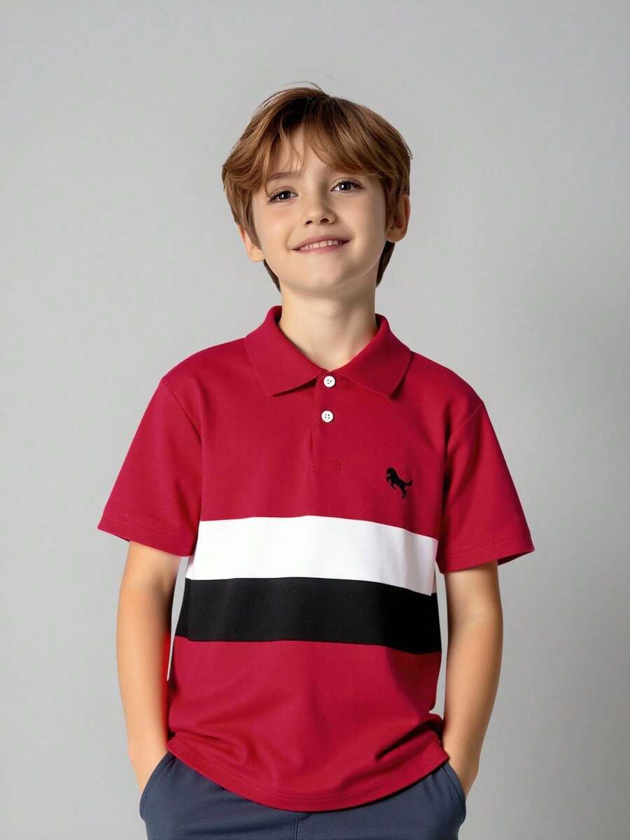 SHEIN Vacaura Tween Boy Striped Short Sleeve Casual Polo Shirt - Red - View 1