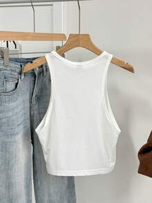 Tseoso Casual Simple Denim Heart Graphic Print Round Neck Slim Fit Women Tank Top, Suitable For Summer Retro Back To School - White - View 3