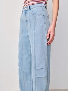 Nöista Aqua Blue Casual Wide-Leg Jeans,Light Wash Denim With Vertical Seam Details,Summer Streetwear School Versatile High Waist Silhouette Denim Pants - Blue - View 5