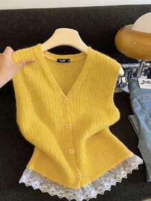 SHEIN LUNE 2026 كنزة صوفية نسائية كاجوال بسيطة متعددة الاستخدامات مع تريم أصفر وحاشية من الدانتيل، مناسبة للارتداء اليومي للمقاسات الكبيرة - أصفر - مشاهدة 4