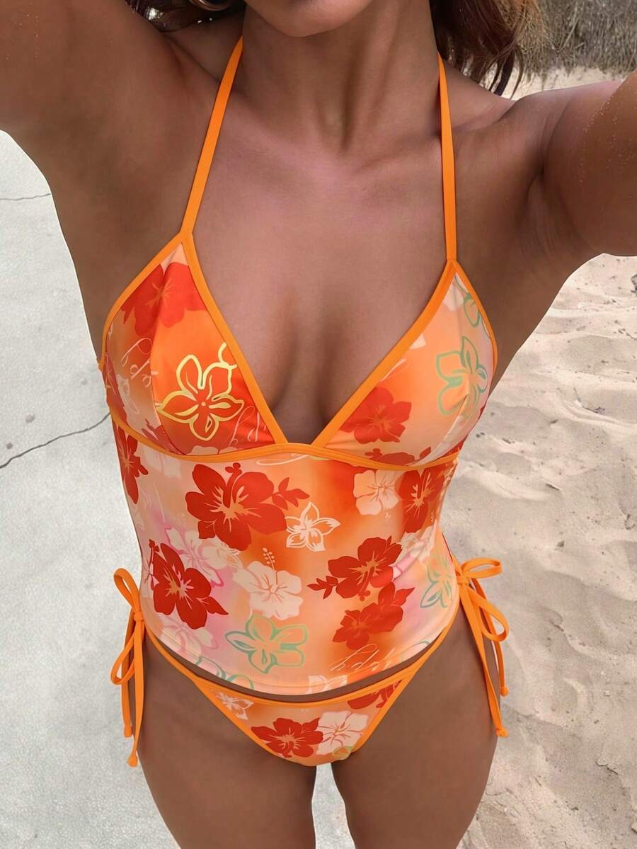 Swim Vcay 女士夏季沙滩印花露背系带比基尼泳衣套装 - 粉色 - 查看 1