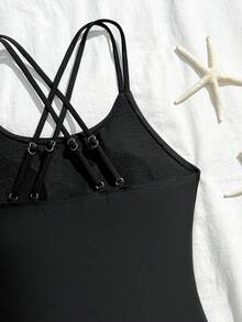 SHEIN Baju Renang Terusan untuk Remaja Perempuan, Warna Hitam Polos, Bahan Rajut Pas Badan, Tali Segitiga Silang yang Dapat Diatur, Model Tank Top yang Awet Muda untuk Musim Panas, Pantai, Liburan - Hitam - View 4