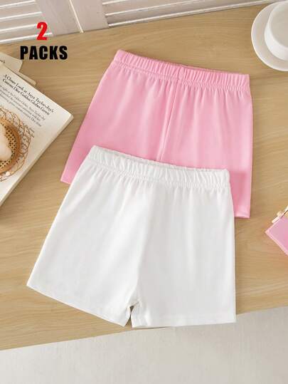 SHEIN Vintaside Kids 2pcs/Set Young Girl Cute, Comfortable, Multi-Color Leggings, Suitable For Spring/Summer Casual, Sports & Leisure, Minimalist Comfortable White Shorts Set