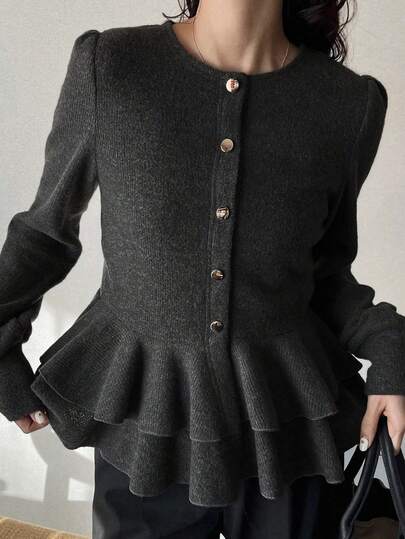 FRIFUL 女士圆领纽扣装饰下摆层叠荷叶边拼接T恤