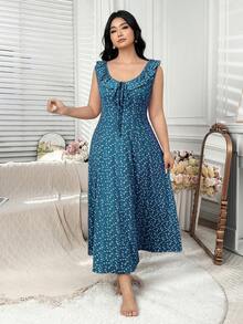 Dazy Plus Piyama Panjang Bodycon Elastis Ukuran Plus Motif Bunga Kecil Modis dengan Kerah Berumbai dan Tali Ikat di Depan untuk Musim Panas - Biru - View 5