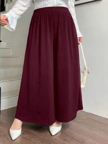 Dazy Plus Elastic Waist Solid Color Wide Leg Pants/Culottes, Burgundy, All Season, Plus Size Women - Burgundy - View 3
