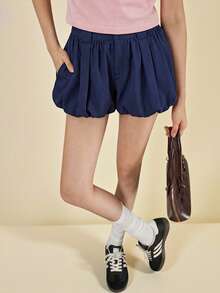 Muvela Navy Blue Adjustable Waist Elastic Waistband Side Pocket Stylish Women Pleated Shorts, Modern Retro College Style, Spring/Summer - Blue - View 2