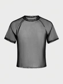 AXEPEAK Men's Fashionable Street Sexy Sheer Mesh Raglan Short Sleeve T-Shirt, Summer - Black - View 7