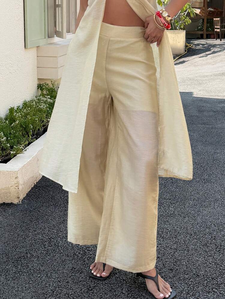 Women's Solid Color Crop Top & Wide Leg Pants Set, Casual Vacation Summer 2 Pieces Outfit