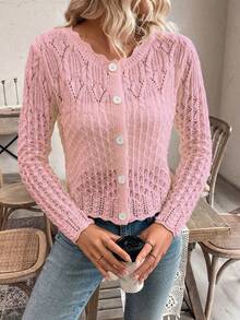 Rafferiza Women's Round Neck Hollow Front Button Cardigan Knit Sweater Jacket, Autumn/Winter - Pink - View 4
