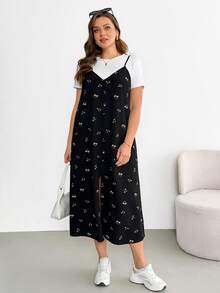 Plus-Size Women's Smart Casual Everyday Summer Two Pieces Set: White Short-Sleeved Top & Black Floral Print Suspender Midi Dress With Slit,Vacation - Black and White - View 3