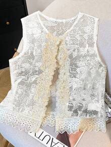 INAWLY Women's Elegant Embroidered Lace Pearl Button Sleeveless Blouse, Summer - White - View 1
