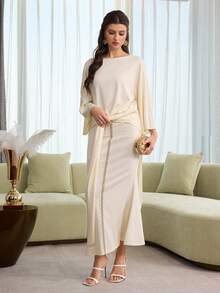 Elegant Long Sleeve Asymmetrical Hem Blouse & Fitted Skirt 2 Pieces Set, Flattering & Fashionable - Apricot - View 7