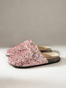 Solecia Women's Flat Shoes, Sequin Thick-Soled Slippers, Closed Toe With Buckle Design, Women's Casual Birkenstocks Lace-Up Sandals, Spring/Autumn Christmas - Pink - View 2