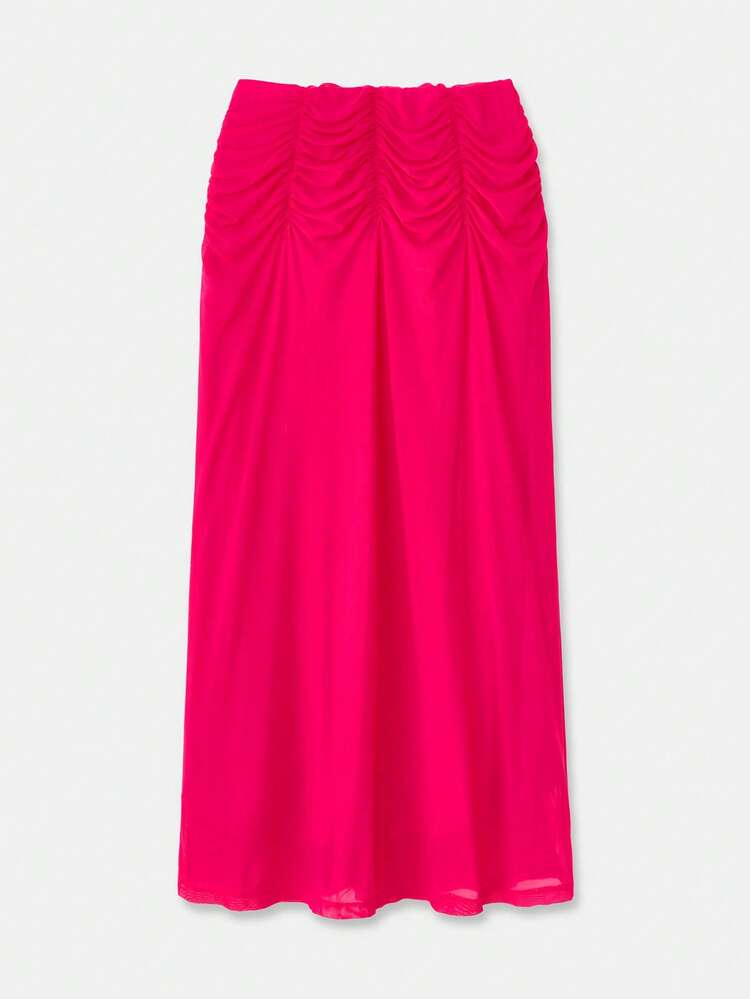 Fuchsia Mesh Midi Skirt With Ruched Waist And Flared Hem Chic Party Going Out Date Night Skirt Spring Summer Pink Skirt New Year Party