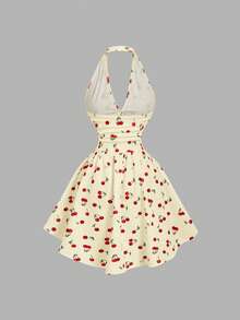 SHEIN MOD Đầm nữ cổ yếm, eo nhún, in hình quả anh đào - Vàng nhạt - Xem 6