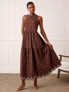 Lilora 女士优雅夏季复古碎花荷叶边连衣裙 - 棕色 - 查看 6