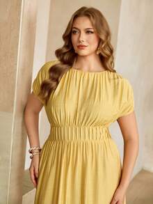 Roveilla Elegant Yellow A Line Plus Size Dress For Women Shirred Round Neck Short Puff Sleeve Long Flared Hem Woven Fabric Simple Chic Summer Modest Dress - Yellow - View 3