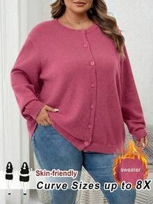 SHEIN CURVE+ 大码休闲纯色开衫，秋冬季 - 藕粉色 - 查看 7