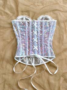 Soleia Áo định hình vóc dáng, đính sequin nhiều màu sắc, ôm sát, thanh lịch, buộc dây phía sau, ren và hoa văn. - Màu xanh lam - Xem 2