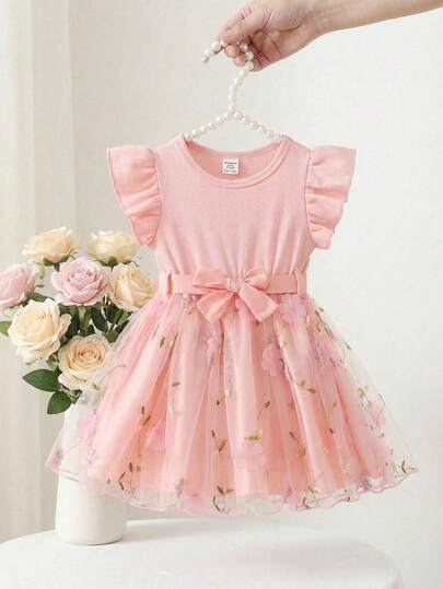 SHEIN Baby Girl Elegant Sweet Pink Ribbed Knit Cap Sleeve Dress With 3D Floral Mesh Skirt And Belt, Cute Summer Vacation Party Outfit