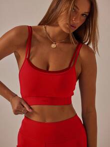 Aralina Conjunto de ropa deportiva para mujer con top corto con aberturas y cortes y leggings de cintura alta elásticos - Rojo - Ver 8
