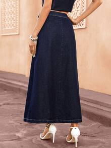 Selianne Falda mini de mezclilla de línea A casual para mujer, versátil para el uso diario - Azul lavado oscuro - Ver 2