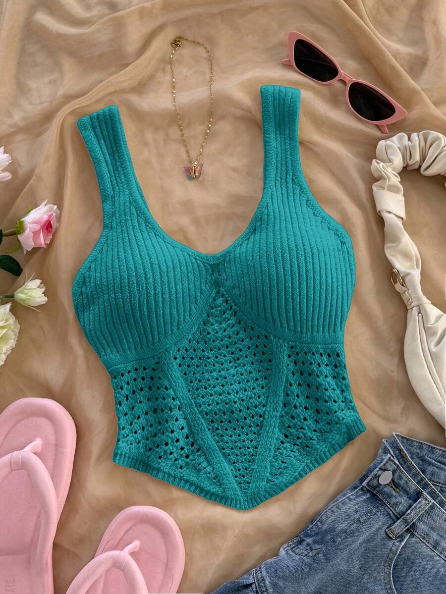 SHEIN WYWH Áo vest dệt kim kiểu dáng thanh lịch, thắt eo, thích hợp cho kỳ nghỉ. - Màu xanh lam - Xem 1