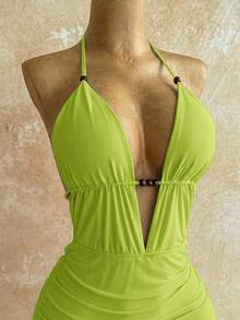 Soleia 女士性感深V露背系带迷你连衣裙，褶皱修身设计，适合派对、约会、下午茶、时尚夏季海滩度假 - 綠色 - 查看 4