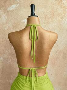 Soleia 女士性感深V露背系带迷你连衣裙，褶皱修身设计，适合派对、约会、下午茶、时尚夏季海滩度假 - 綠色 - 查看 6