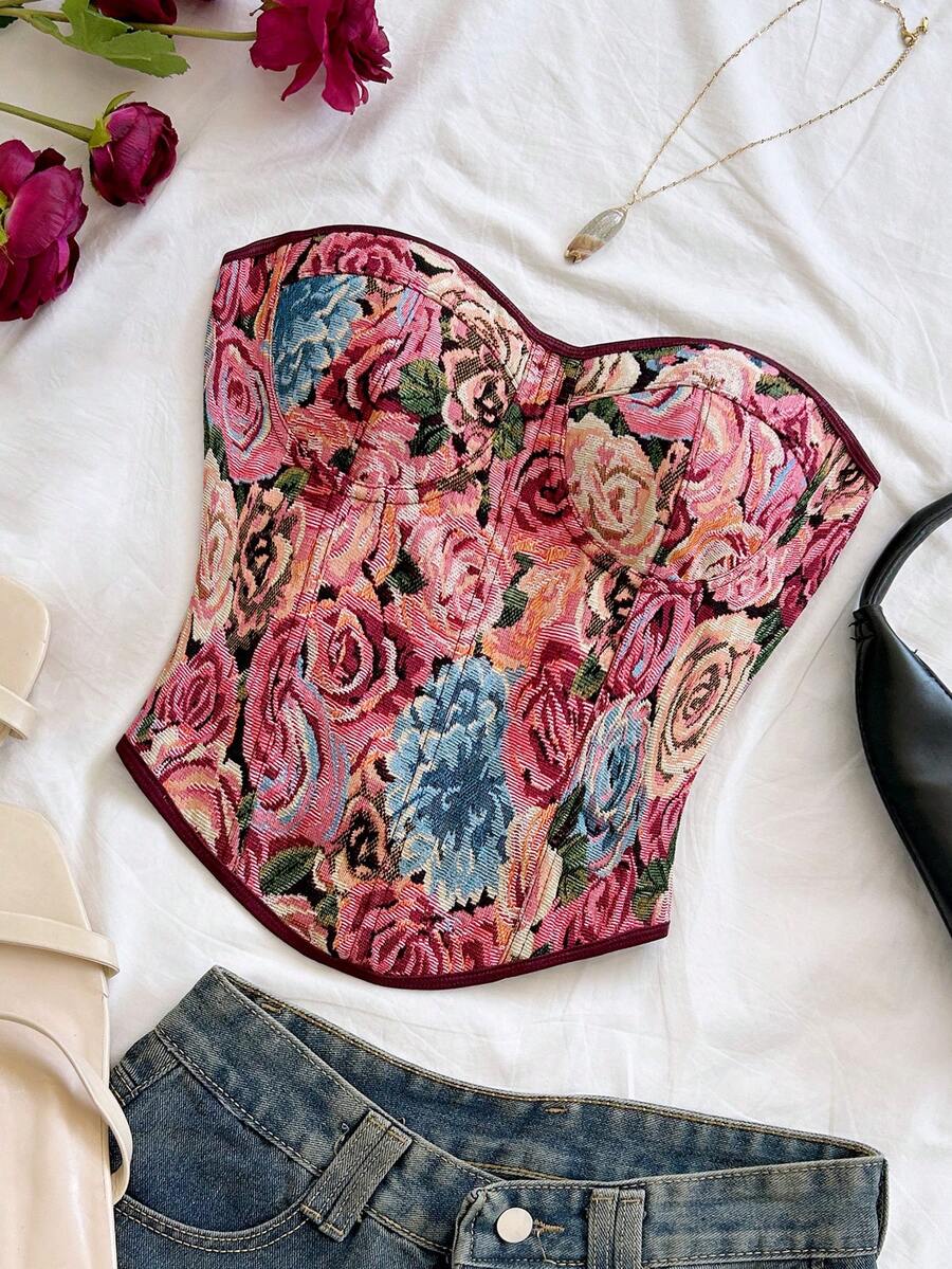 Soleia 女士休闲度假、海滩婚礼宾客、毕业典礼、早午餐、圣帕特里克节、春假、复活节、音乐节等场合适用的优雅波西米亚热带复古印花蝴蝶结无肩带上衣，秋冬季 - 藍色 - 查看 1