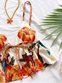 Soleia 女士热带印花吊带背心和短裤两件套，休闲度假装 - 彩色 - 查看 4