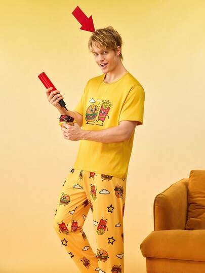 Conjunto de pijama de pantalón y top de manga corta con estampado divertido de hamburguesa y papas fritas de dibujos animados para hombres, adecuado para primavera, verano y otoño