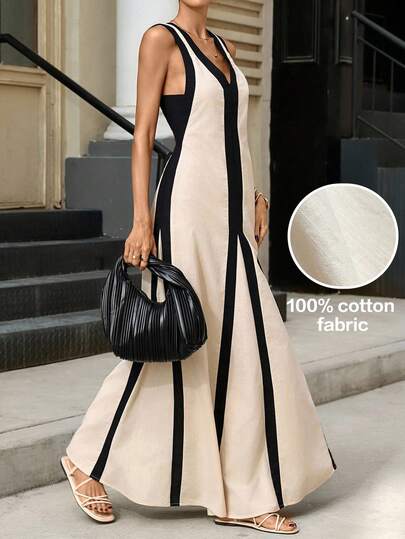 Editum 夏季度假撞色露背无袖连衣裙