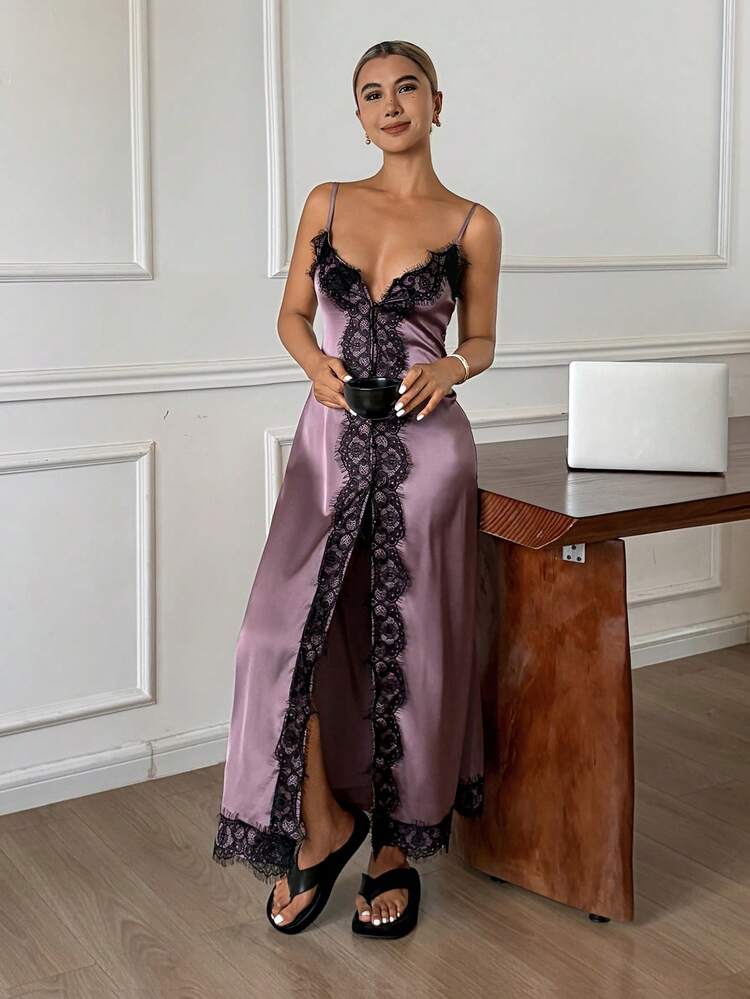 Sexy Contrast Color Lace Patchwork Satin Waist Slip Dress For Women, Spring/Summer