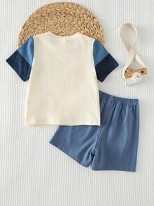 Cozy Pixies 2件套男童撞色针织标签圆领短袖上衣和松紧腰短裤 - 杏色 - 查看 3