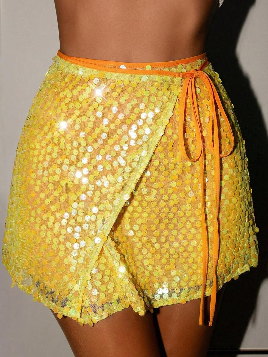 Glamine 女士百搭亮片迷你裙，适合海滩、度假和约会穿着 - 黃色 - 查看 1