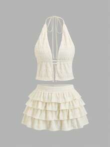 Sweetra Women's Summer New Fashion Versatile Textured Backless Camisole + Mini Skirt 2 Pieces Set - Apricot - View 3