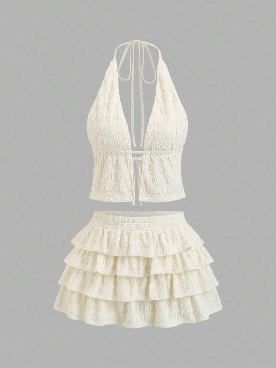 Sweetra Conjunto de 2 piezas de mujer con top sin espalda texturizado y minifalda, nuevo estilo de moda para el verano - Albaricoque - Ver 1