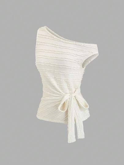 Sweetra Women's Summer New Sexy Solid Color Asymmetrical Asymmetric Shoulder Ruffle Bow Tie Fashionable Apricot T-Shirt Top