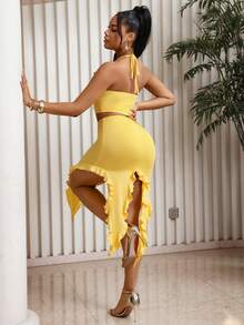 Lureya Women's Summer Spaghetti Strap Tank Top And Skirt 2 Piece Set, Scoop Neck Ruffle Trim Cropped Tank Top With Split Hem Skirt - Yellow - View 2