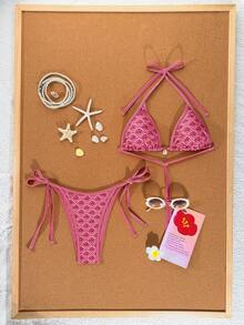 Swim Mod Bộ bikini dây rút cổ yếm màu xanh đậm dành cho nữ, họa tiết da báo, hoa văn ngẫu nhiên, vỏ sò, kiểu dáng thong cạp cao, buộc dây bên hông, dự kiến mùa Xuân/Hè 2026. - Màu Hồng Tươi - Xem 3